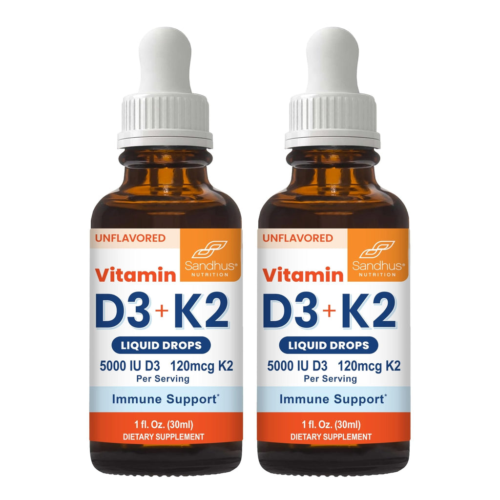 Sandhu's Vitamin D3 K2 Drops for Adults | 5000 IU D3 Liquid, 120mcg K2 Supplement 1 Fl Oz (Pack of 2) | D3K2 Supports Superior Absorption - FENGGESTORE20