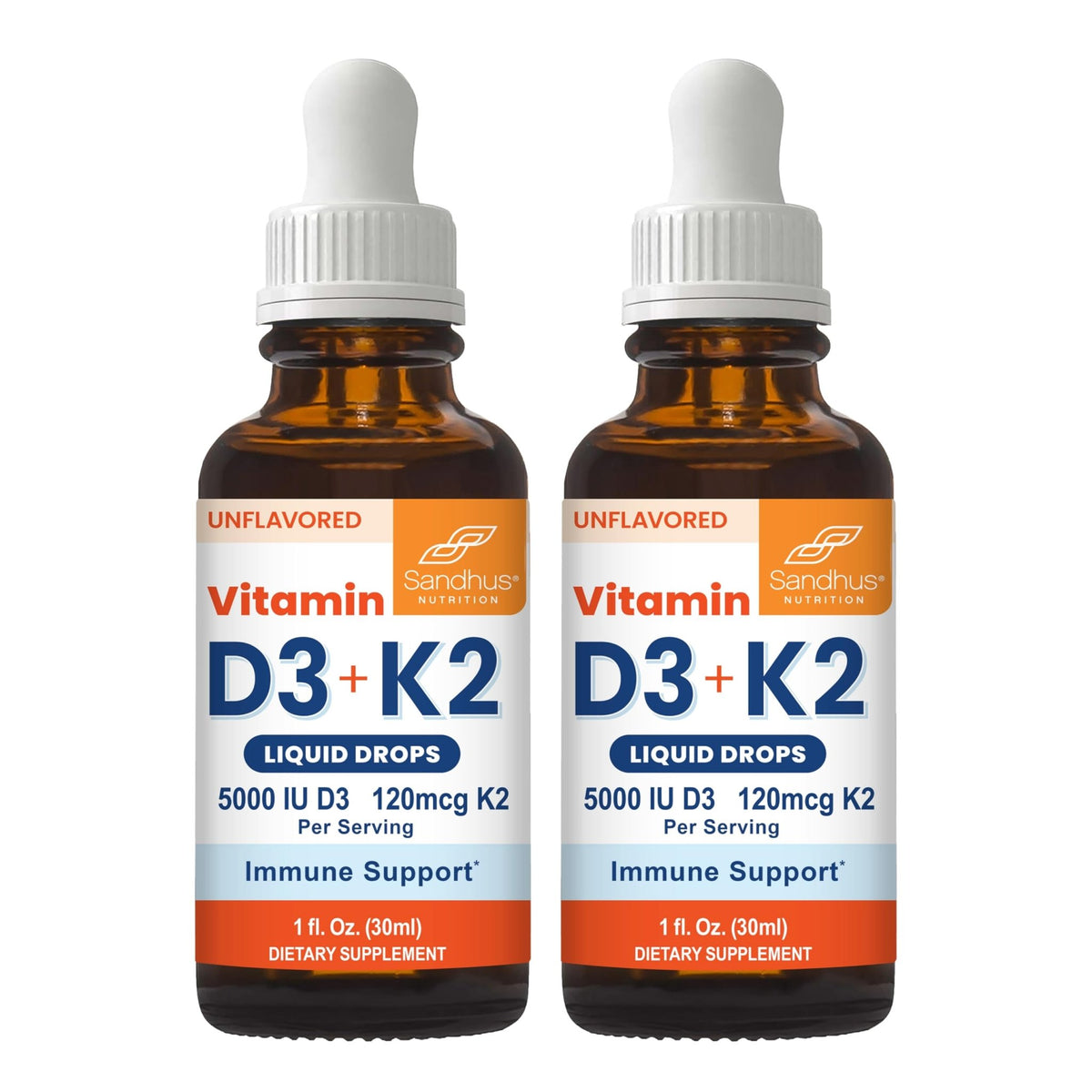 Sandhu's Vitamin D3 K2 Drops for Adults | 5000 IU D3 Liquid, 120mcg K2 Supplement 1 Fl Oz (Pack of 2) | D3K2 Supports Superior Absorption - FENGGESTORE20