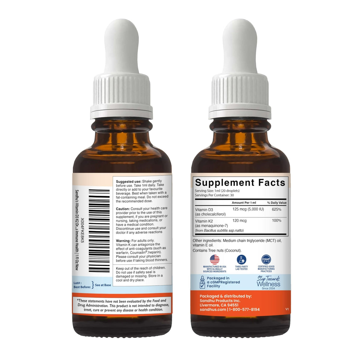 Sandhu's Vitamin D3 K2 Drops for Adults | 5000 IU D3 Liquid, 120mcg K2 Supplement 1 Fl Oz (Pack of 2) | D3K2 Supports Superior Absorption - FENGGESTORE20