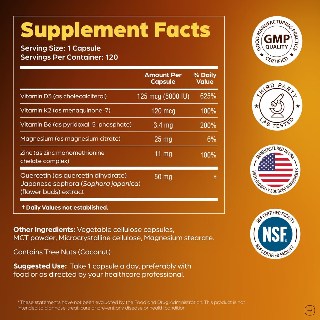 Sandhu's Vitamin D3 K2 Magnesium 5000 IU, 120mcg K2 Capsules 120 Count (Pack of 1) | with VIT B6, Zinc & Quercetin | D3K2 Supports Superior Absorption - FENGGESTORE20