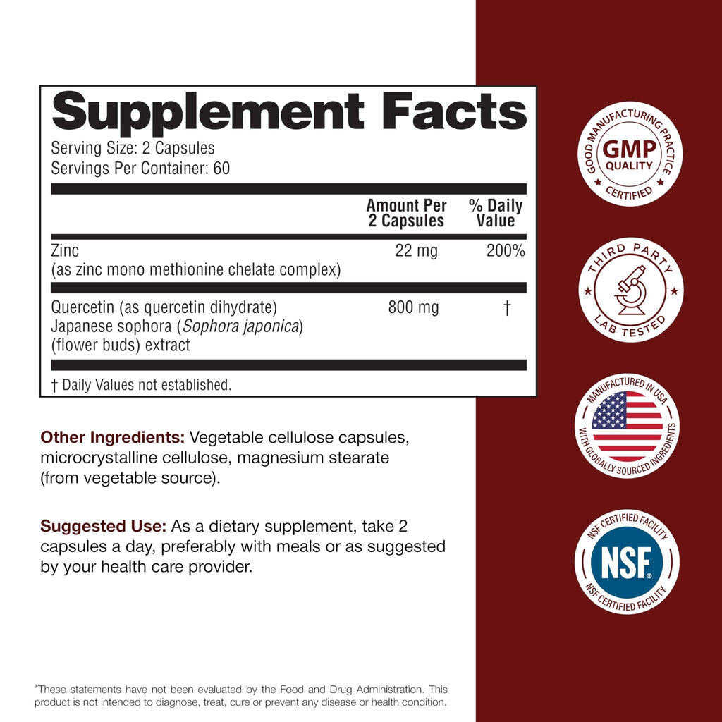Sandhu's Zinc Quercetin 120 Vegetarian Capsules (Pack of 1) | High Absorption Zink Supplements for Immunity and Seasonal Allergy | Antioxidant Immune Support - FENGGESTORE20