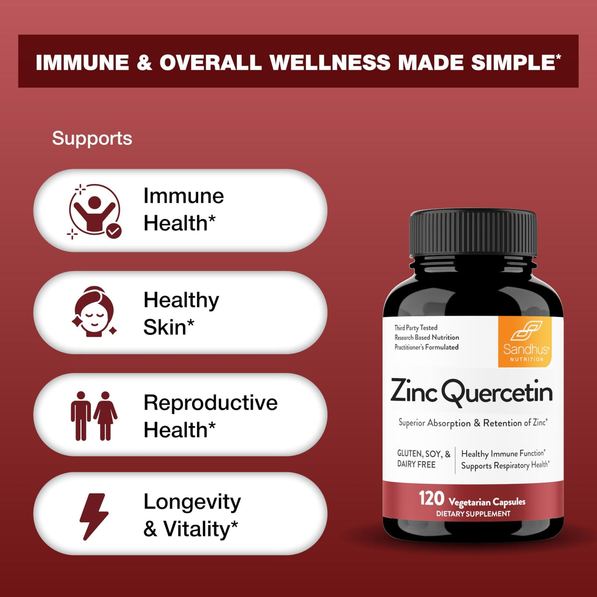 Sandhu's Zinc Quercetin 120 Vegetarian Capsules (Pack of 1) | High Absorption Zink Supplements for Immunity and Seasonal Allergy | Antioxidant Immune Support - FENGGESTORE20