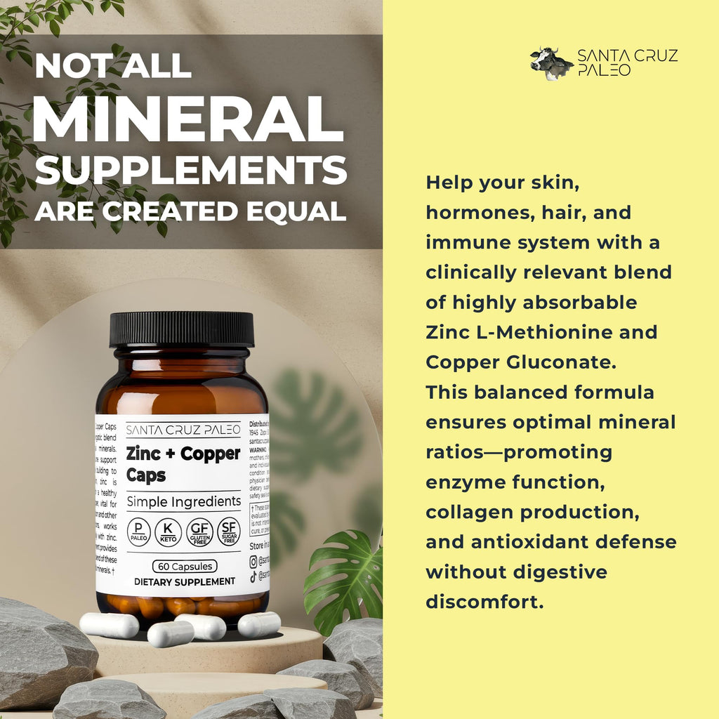 Santa Cruz Paleo, Zinc & Copper Mineral Supplement, High Absorption Formula, Zinc Supplement for Skin & Hair, L Methionine, Copper Gluconate, Trace Minerals - FENGGESTORE20