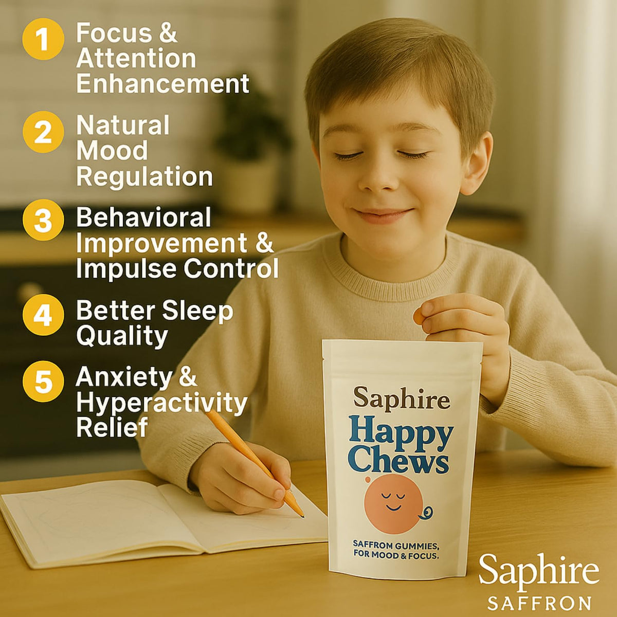 SAPHIRE HAPPY CHEWS Saffron Gummies for Kids | Supports Mood, Calm & Focus | Saffron Extract, Passionflower, St. John’s Wort & GABA - FENGGESTORE20