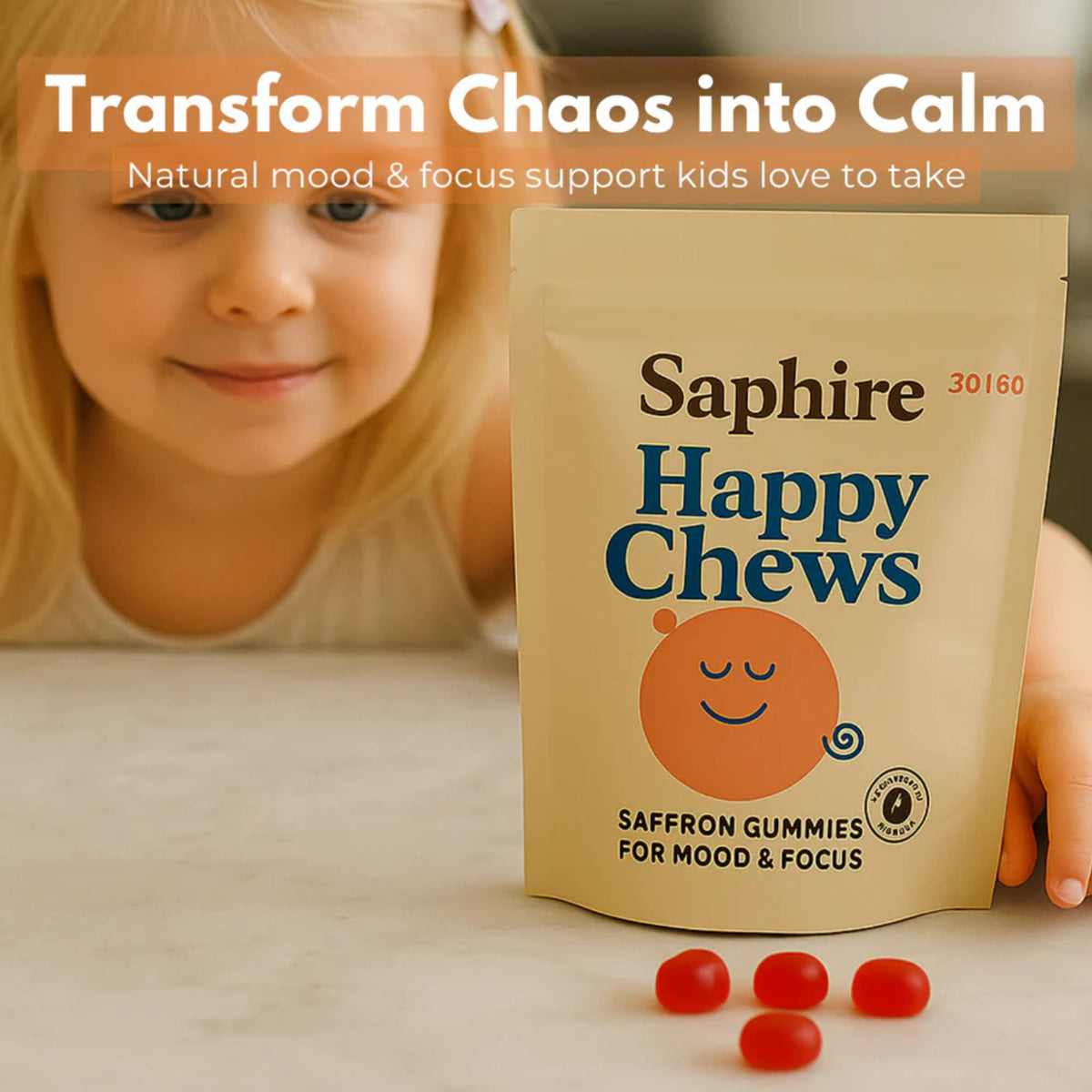 SAPHIRE HAPPY CHEWS Saffron Gummies for Kids | Supports Mood, Calm & Focus | Saffron Extract, Passionflower, St. John’s Wort & GABA - FENGGESTORE20