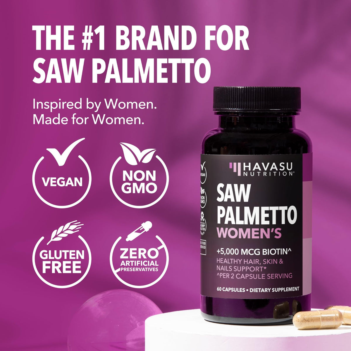 Saw Palmetto for Women with Biotin 5000mcg - Powerful DHT Blocker to Support Hair, Skin, and Nail Health - 60 Count - Vegan, Non-GMO Vitamin for Stronger, - FENGGESTORE20