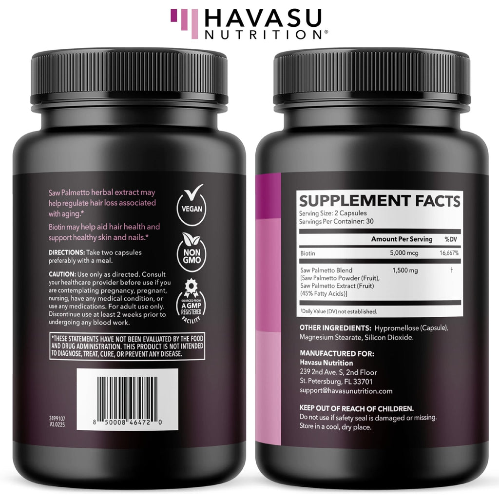 Saw Palmetto for Women with Biotin 5000mcg - Powerful DHT Blocker to Support Hair, Skin, and Nail Health - 60 Count - Vegan, Non-GMO Vitamin for Stronger, - FENGGESTORE20