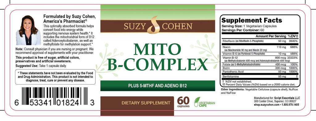 Script Essentials Suzy Cohen, Mito B Complex Dietary Supplement, 5-MTHF, Adeno B12, Methylation Support, Supports Healthy Nervous System - FENGGESTORE20