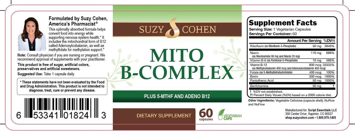 Script Essentials Suzy Cohen, Mito B Complex Dietary Supplement, 5-MTHF, Adeno B12, Methylation Support, Supports Healthy Nervous System - FENGGESTORE20