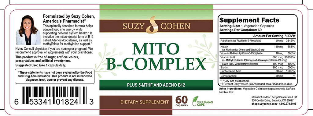 Script Essentials Suzy Cohen, Mito B Complex Dietary Supplement, 5-MTHF, Adeno B12, Methylation Support, Supports Healthy Nervous System - FENGGESTORE20