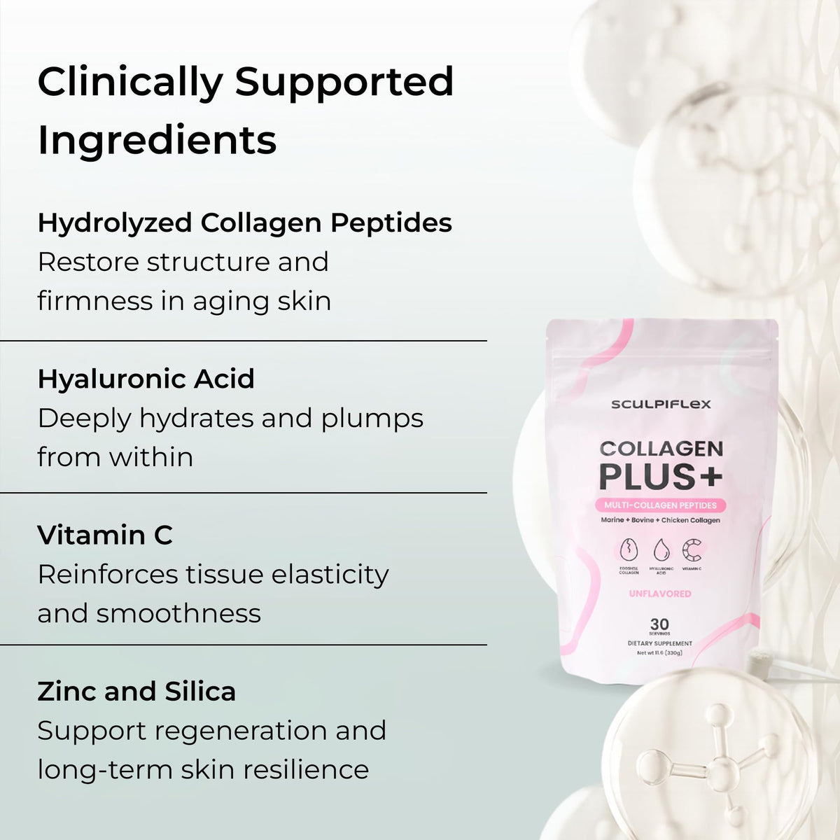 Sculpiflex Hydrolyzed Collagen Peptides Powder, Marine, Bovine, and Chicken Unflavored Multi Collagen Complex for Women, Firms Skin and Boosts Elasticity, Hydrating with Hyaluronic Acid (30 Servings) - FENGGESTORE20
