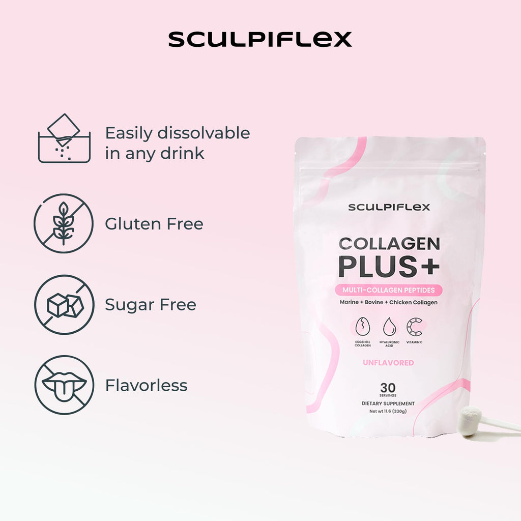 Sculpiflex Hydrolyzed Collagen Peptides Powder, Marine, Bovine, and Chicken Unflavored Multi Collagen Complex for Women, Firms Skin and Boosts Elasticity, Hydrating with Hyaluronic Acid (30 Servings) - FENGGESTORE20