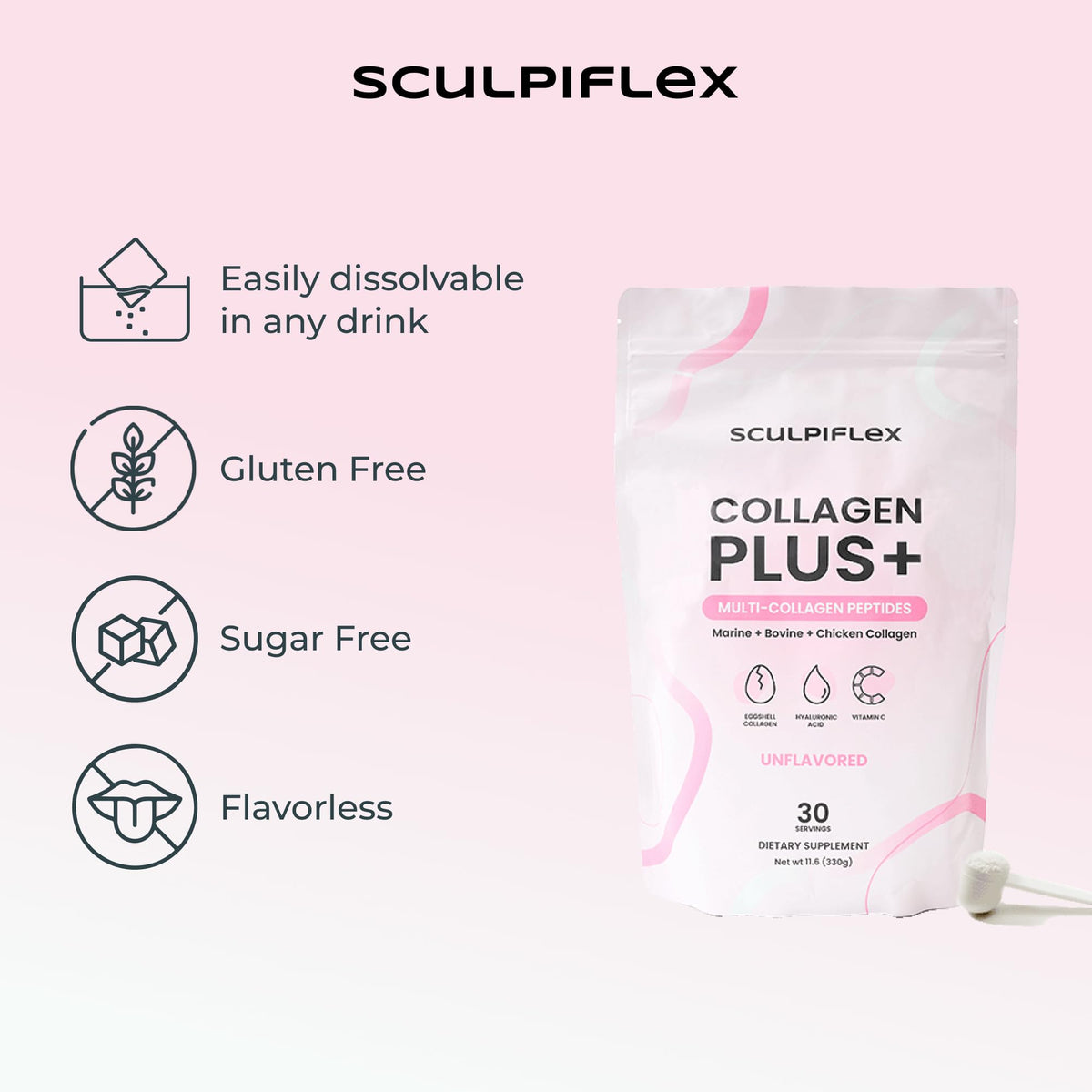 Sculpiflex Hydrolyzed Collagen Peptides Powder, Marine, Bovine, and Chicken Unflavored Multi Collagen Complex for Women, Firms Skin and Boosts Elasticity, Hydrating with Hyaluronic Acid (30 Servings) - FENGGESTORE20