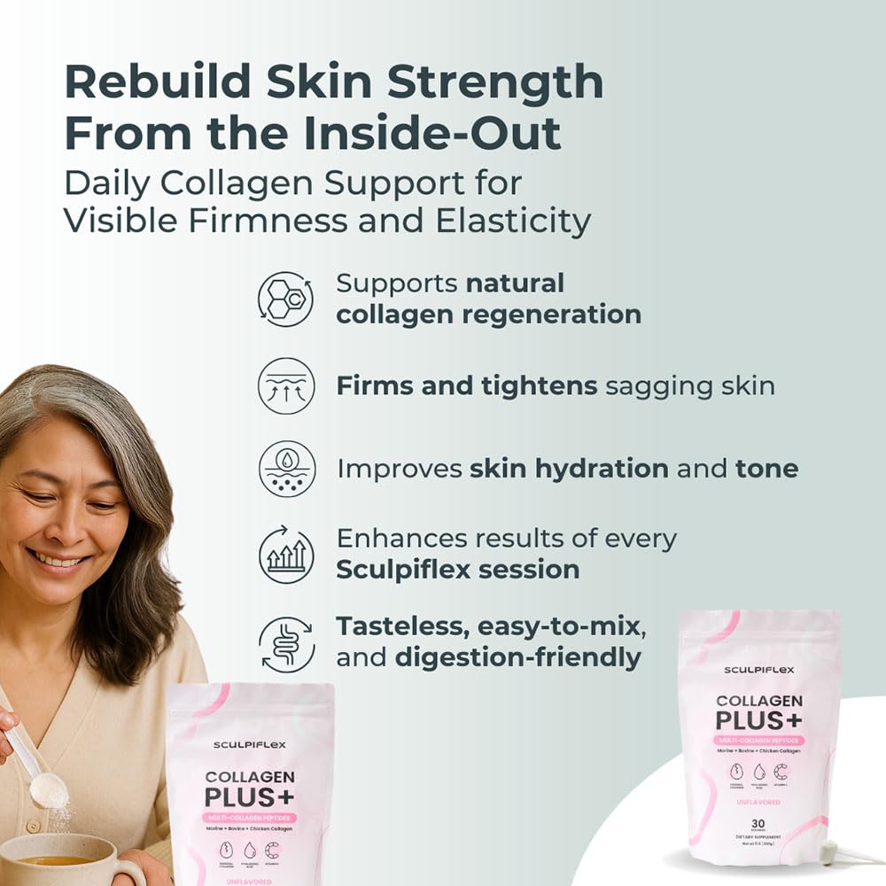 Sculpiflex Hydrolyzed Collagen Peptides Powder, Marine, Bovine, and Chicken Unflavored Multi Collagen Complex for Women, Firms Skin and Boosts Elasticity, Hydrating with Hyaluronic Acid (30 Servings) - FENGGESTORE20