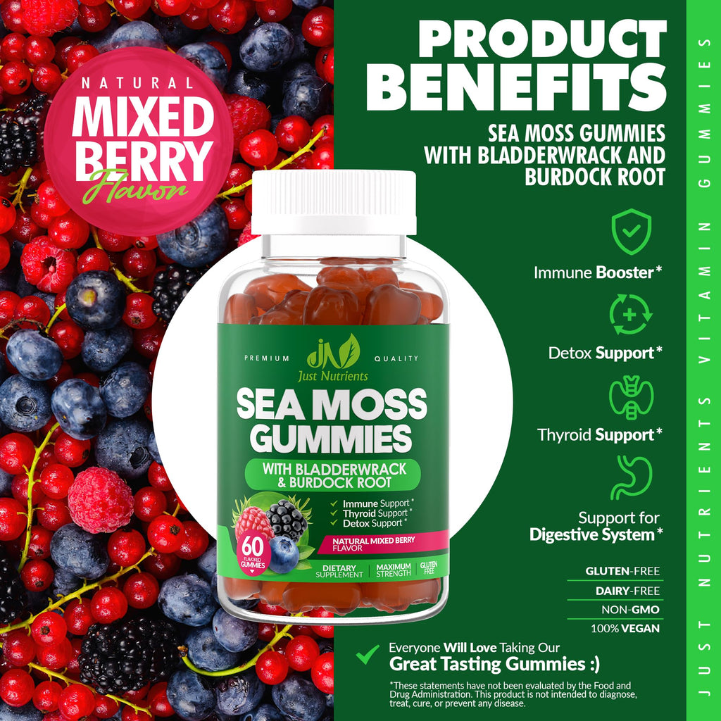 Sea Moss 3000mg Gummies with Bladderwrack and Burdock Root - Natural Irish Sea Moss Superfood for Immune, Thyroid and Detox Support - Extra Strength - FENGGESTORE20