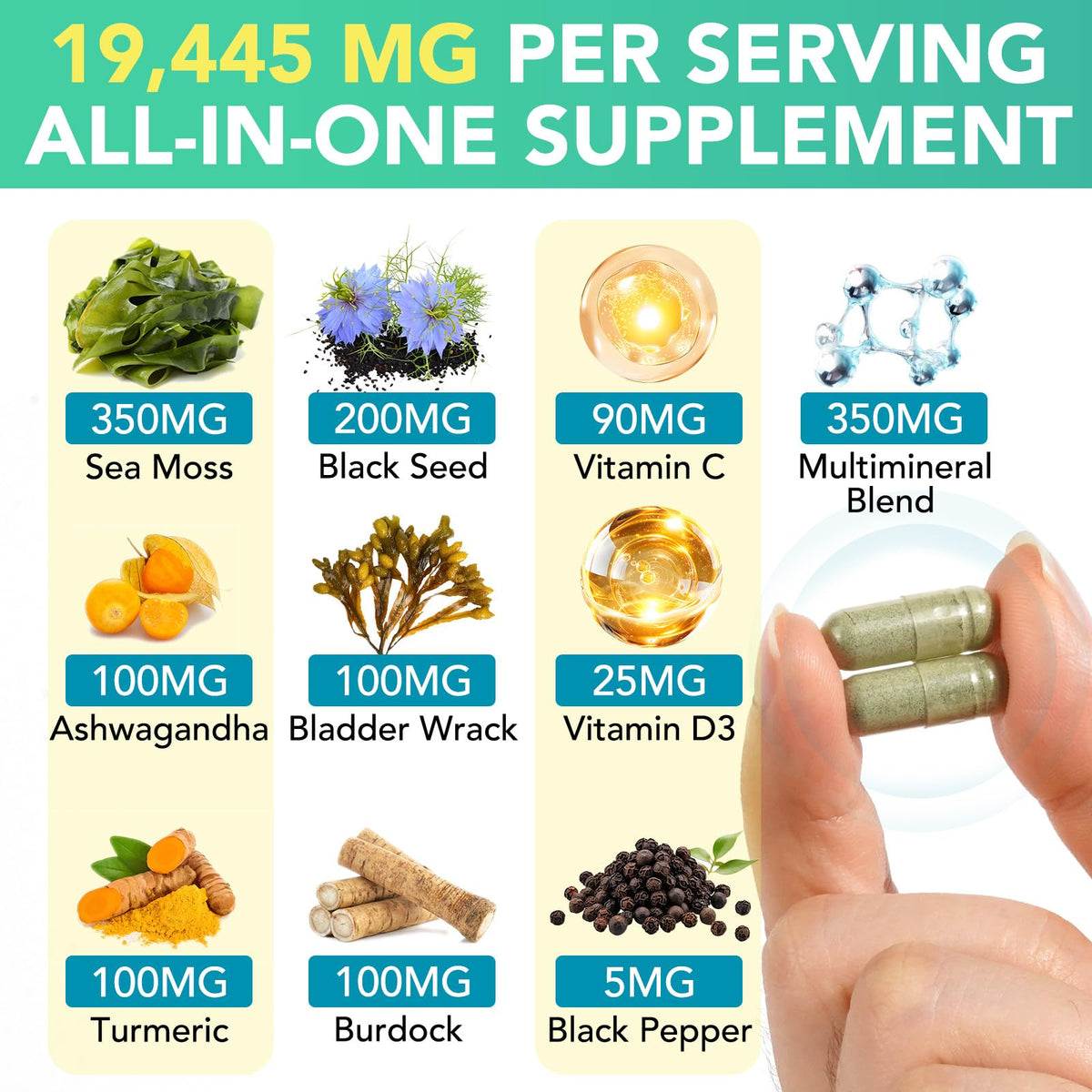Sea Moss Black Seed Oil Ashwagandha Ginger, Sea Moss Capsule Supplement with Turmeric Burdock Root Bladderwrack Vitamin C Vitamin D3 Enhanced Immunity & Energy Black Seed Oil Capsule 60 Count - FENGGESTORE20