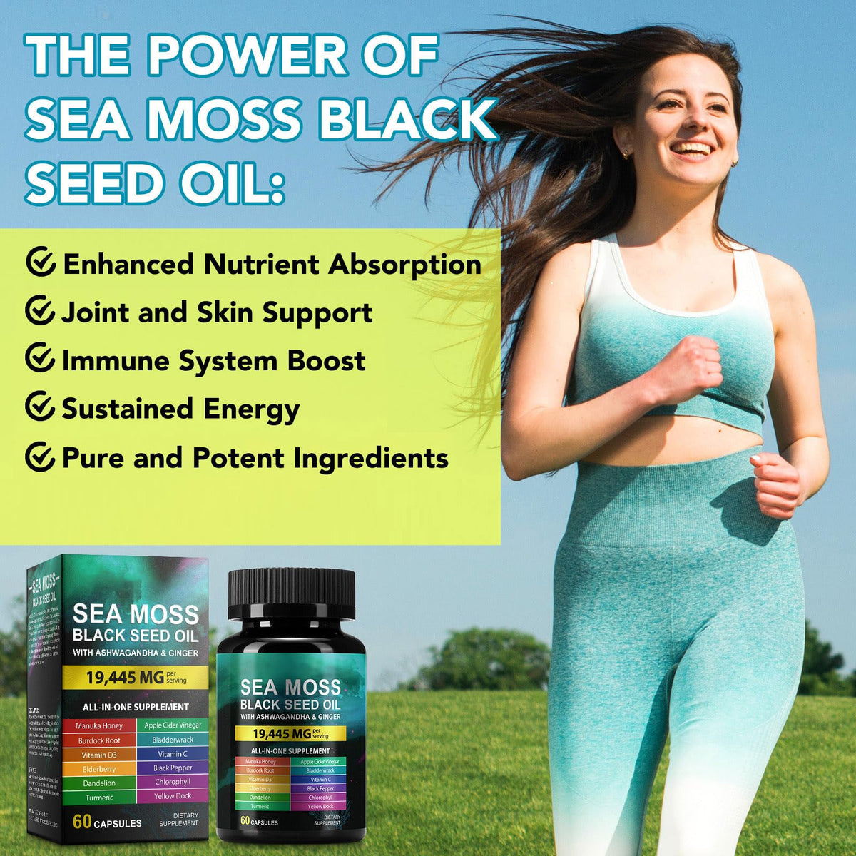 Sea Moss Black Seed Oil Ashwagandha Ginger, Sea Moss Capsule Supplement with Turmeric Burdock Root Bladderwrack Vitamin C Vitamin D3 Enhanced Immunity & Energy Black Seed Oil Capsule 60 Count - FENGGESTORE20