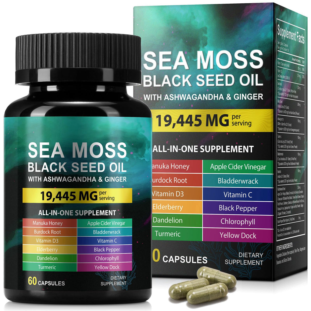 Sea Moss Black Seed Oil Ashwagandha Ginger, Sea Moss Capsule Supplement with Turmeric Burdock Root Bladderwrack Vitamin C Vitamin D3 Enhanced Immunity & Energy Black Seed Oil Capsule 60 Count - FENGGESTORE20