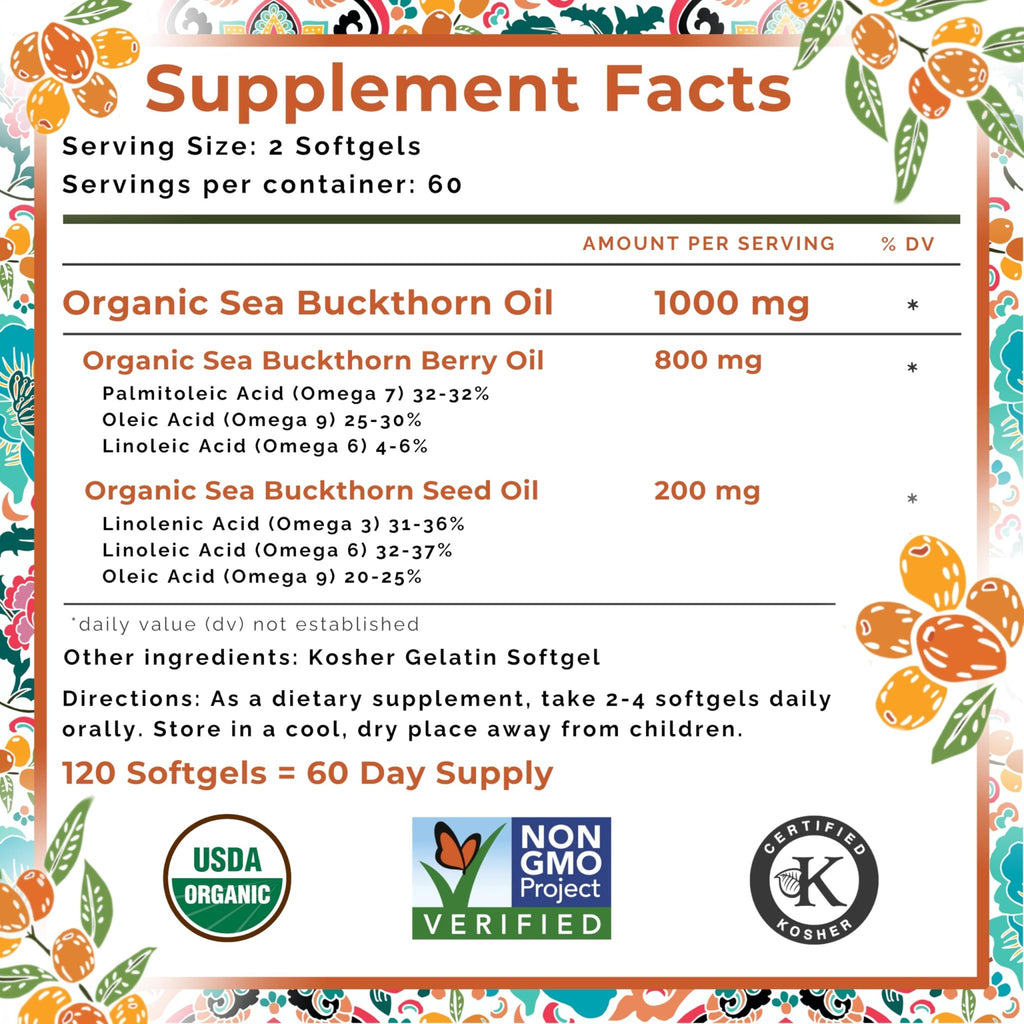 SeabuckWonders Organic Sea Buckthorn Oil Omega-7 Complete,120 Softgels, 60 Day Supply, with Omega 3, 6 & 9, Supports Hair - FENGGESTORE20