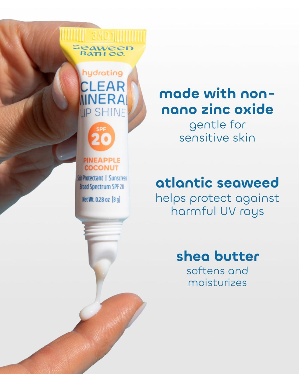 Seaweed Bath Co. Hydrating Clear Mineral Lip Shine - SPF 20 Sunscreen Zinc Oxide Lip Balm - Nourishing Care to Hydrate & Protect Dry - FENGGESTORE20