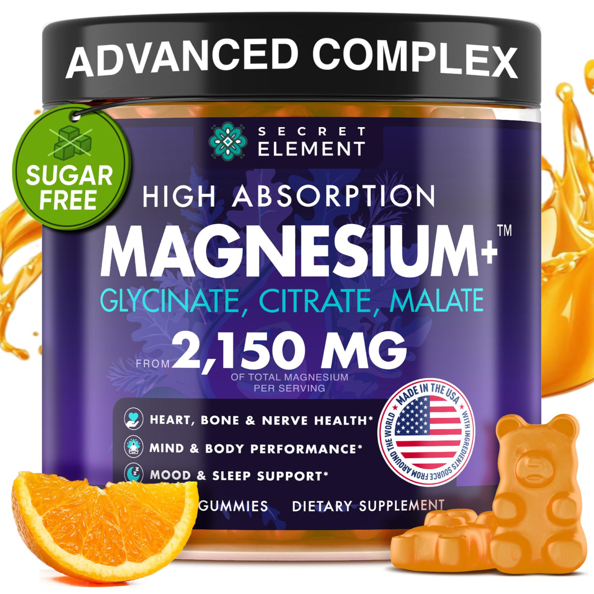 Secret Element Magnesium Glycinate 2150MG Gummies for Women and Men, High Absorption Magnesium Glycinate, Citrate, Malate Gummies for Adults & Kids, Sleep Support, Sugar Free, Vegan, 60 Chews, Orange - FENGGESTORE20