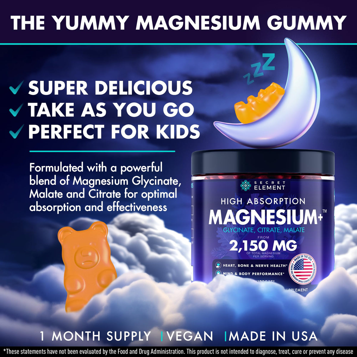 Secret Element Magnesium Glycinate 2150MG Gummies for Women and Men, High Absorption Magnesium Glycinate, Citrate, Malate Gummies for Adults & Kids, Sleep Support, Sugar Free, Vegan, 60 Chews, Orange - FENGGESTORE20