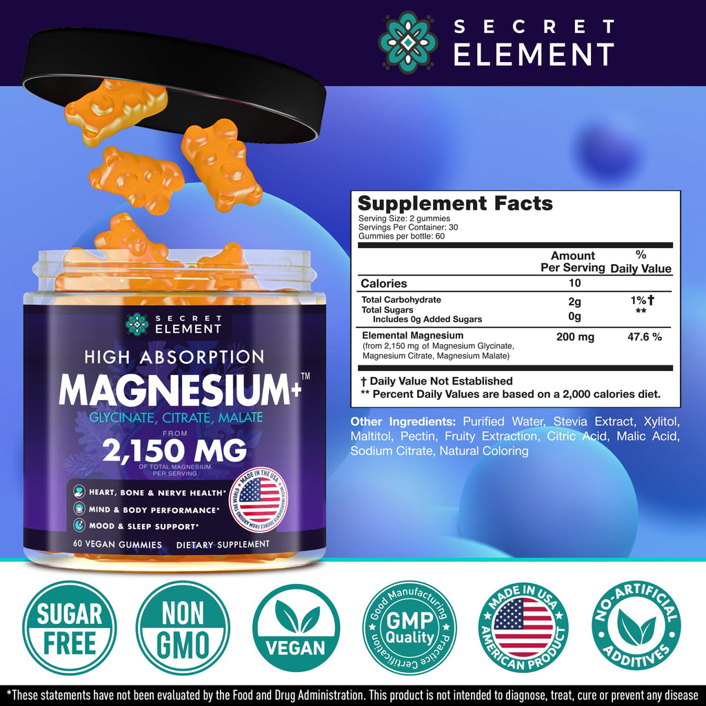 Secret Element Magnesium Glycinate 2150MG Gummies for Women and Men, High Absorption Magnesium Glycinate, Citrate, Malate Gummies for Adults & Kids, Sleep Support, Sugar Free, Vegan, 60 Chews, Orange - FENGGESTORE20