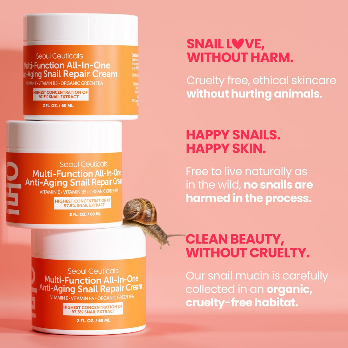 SeoulCeuticals Snail Mucin Moisturizer 97.5% - Korean Skin Care Snail Repair Cream - Day & Night Anti Aging K Beauty Skincare Cruelty Free 2oz - FENGGESTORE20