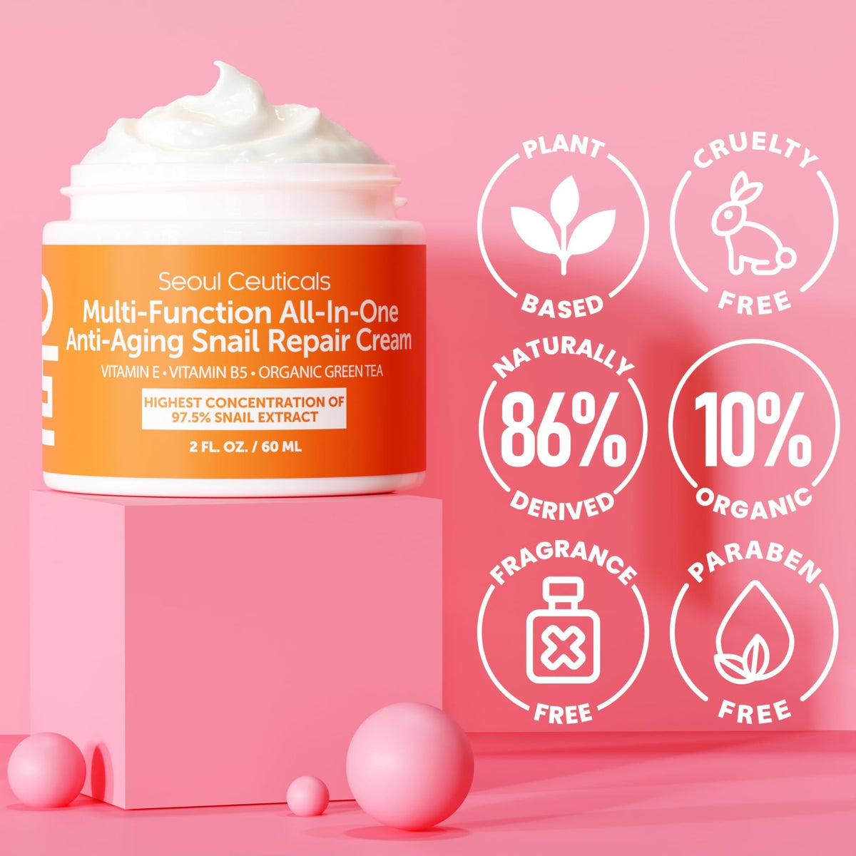SeoulCeuticals Snail Mucin Moisturizer 97.5% - Korean Skin Care Snail Repair Cream - Day & Night Anti Aging K Beauty Skincare Cruelty Free 2oz - FENGGESTORE20