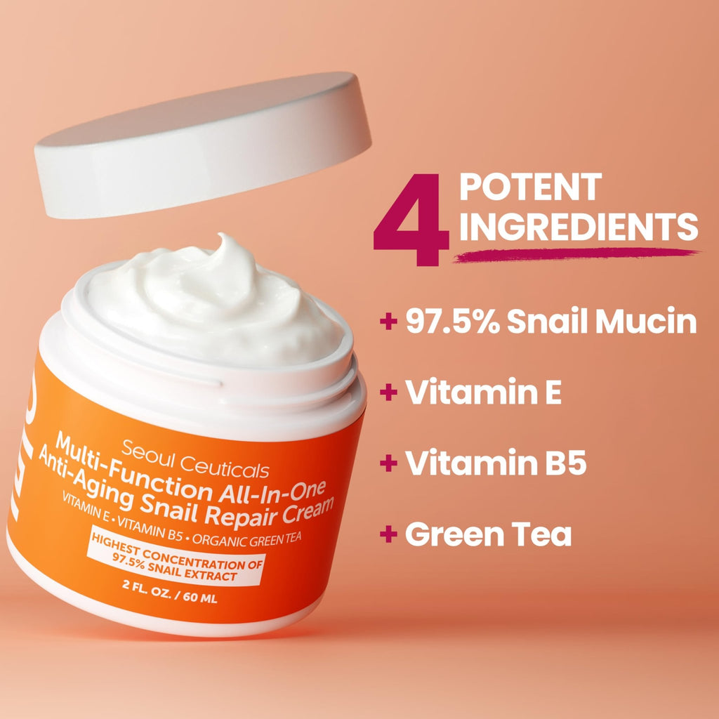SeoulCeuticals Snail Mucin Moisturizer 97.5% - Korean Skin Care Snail Repair Cream - Day & Night Anti Aging K Beauty Skincare Cruelty Free 2oz - FENGGESTORE20