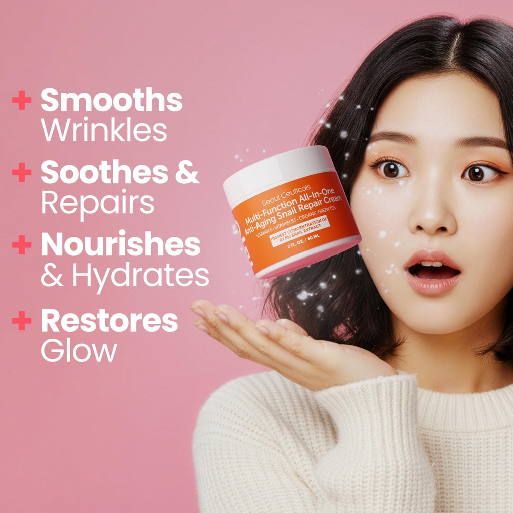 SeoulCeuticals Snail Mucin Moisturizer 97.5% - Korean Skin Care Snail Repair Cream - Day & Night Anti Aging K Beauty Skincare Cruelty Free 2oz - FENGGESTORE20