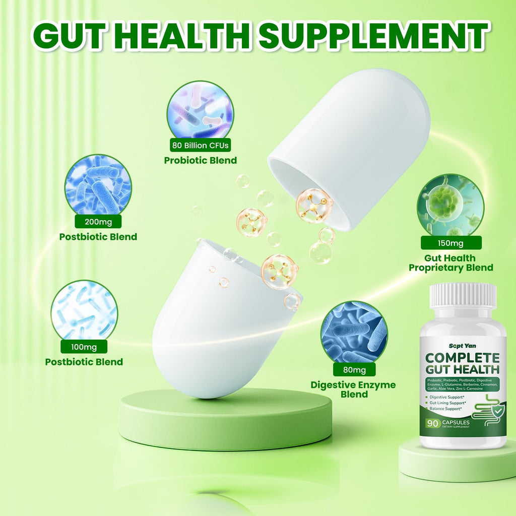 SEPT YAN Gut Health Supplement with Prebiotics, Postbiotics & Probiotics for Digestive Health for Women & Men, 80 Billion CFU Probiotics for Gut and Digestion - FENGGESTORE20