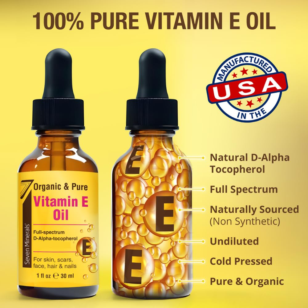 Seven Minerals Ultra Pure Vitamin E Oil - Full-Spectrum D-Alpha Tocopherol, 1 Fl Oz - 100% Organic Vitamin E Oil for Skin - FENGGESTORE20