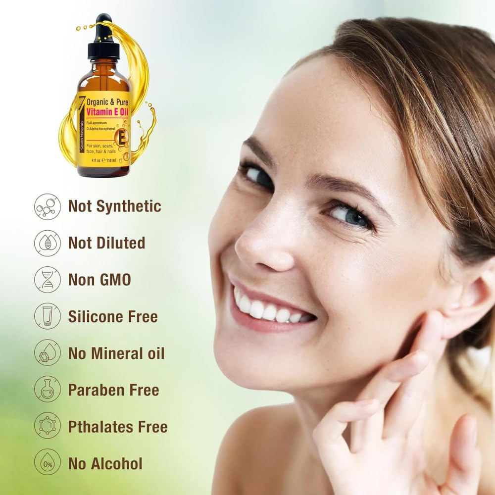 Seven Minerals Ultra Pure Vitamin E Oil - Full-Spectrum D-Alpha Tocopherol, 1 Fl Oz - 100% Organic Vitamin E Oil for Skin - FENGGESTORE20