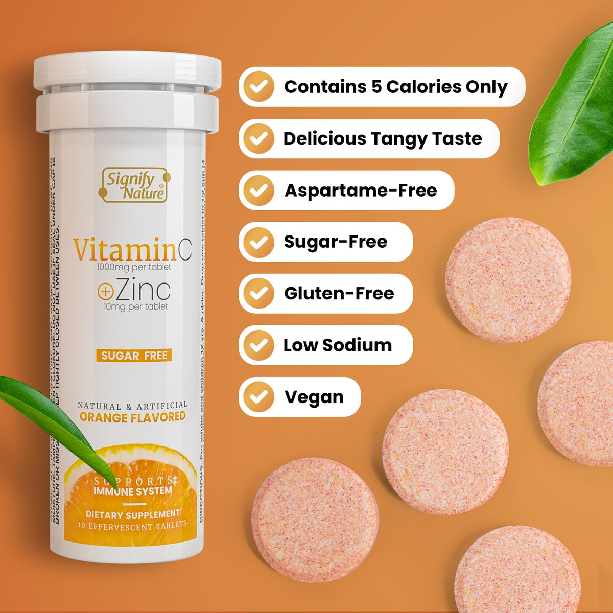SIGNIFY NATURE Vitamin C 1000mg Effervescent Tablets - Potent Immune Support VIT C with Zinc Supplement - Sugar-Free & Vegan Formula | Dissolvable Vitamin C Tablets - Water Soluble Fizzy Elixir - 80CT - FENGGESTORE20