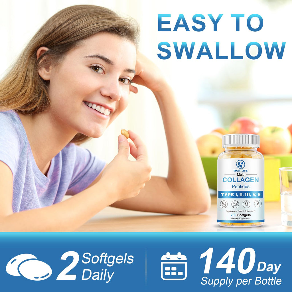 SIGNILIFE Multi Collagen Peptides for Women & Men, Hydrolyzed Collagen Peptides-Type I, II, III, V, X - with Hyaluronic Acid,Vitamin C,Biotin - FENGGESTORE20