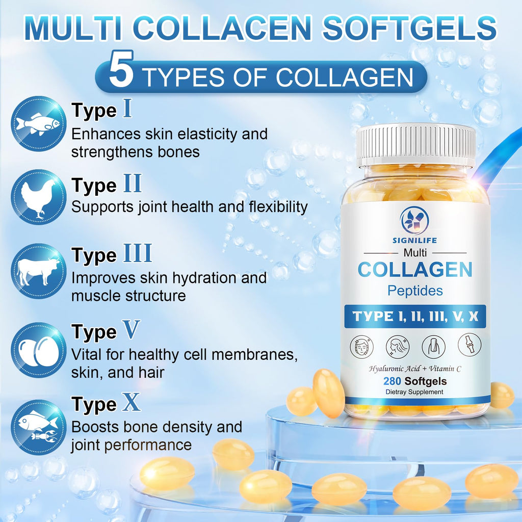 SIGNILIFE Multi Collagen Peptides for Women & Men, Hydrolyzed Collagen Peptides-Type I, II, III, V, X - with Hyaluronic Acid,Vitamin C,Biotin - FENGGESTORE20