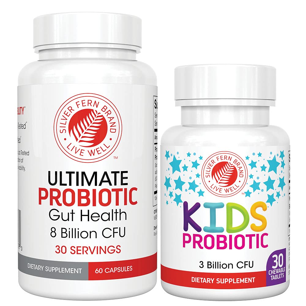 Silver Fern Brand Family Probiotics - Ultimate Adult Probiotic (1 Bottle = 60 Capsules) Plus Ultimate Children's Probiotic for Kids (1 Bottle = 30 Chewables) - Gut Health & Microbiome Support - FENGGESTORE20