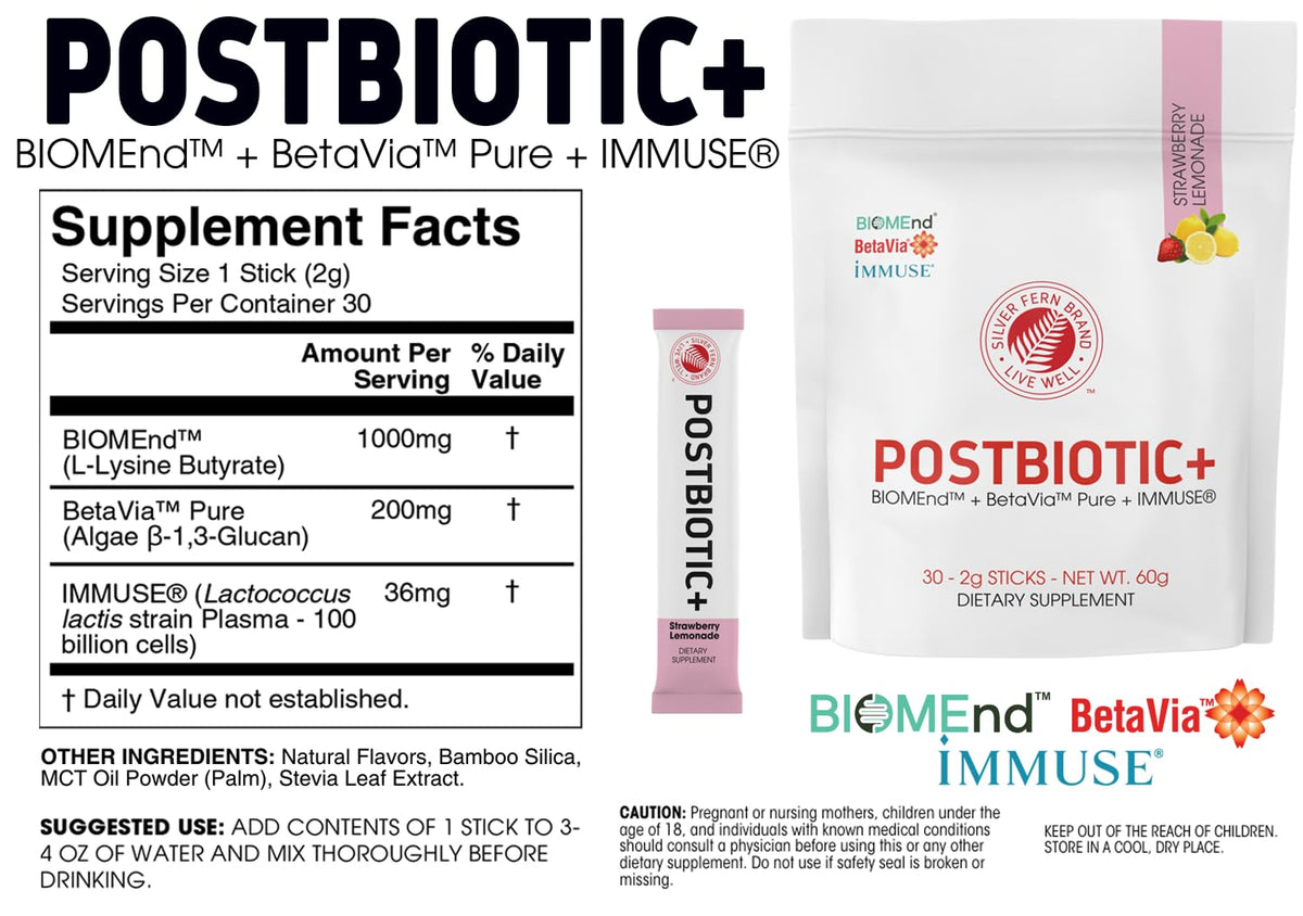 Silver Fern Brand Postbiotic+ Strawberry Lemonade Powder – Postbiotic Supplement with BIOMend™, BetaVia™, and Immuse® – Supports The Digestive System - FENGGESTORE20