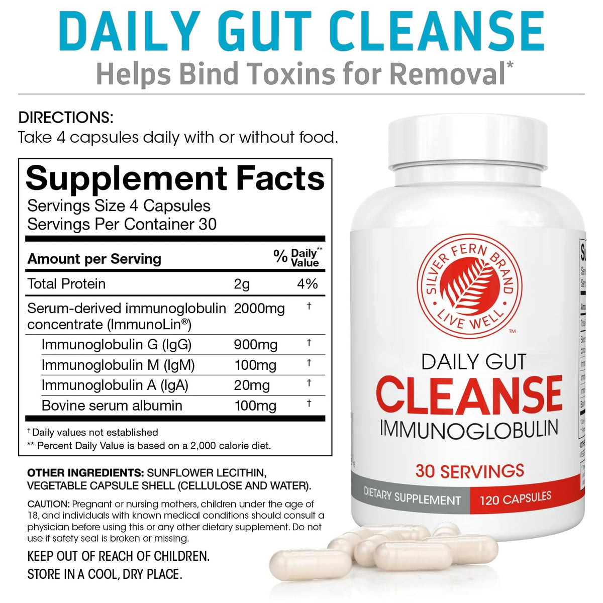 Silver Fern Cleanse - Daily Gut - 1 Bottle - 120 Capsules - 30 Day Supply - Immunoglobulin G, A & M -(IgG, IGA, IgM) - Postbiotic - FENGGESTORE20