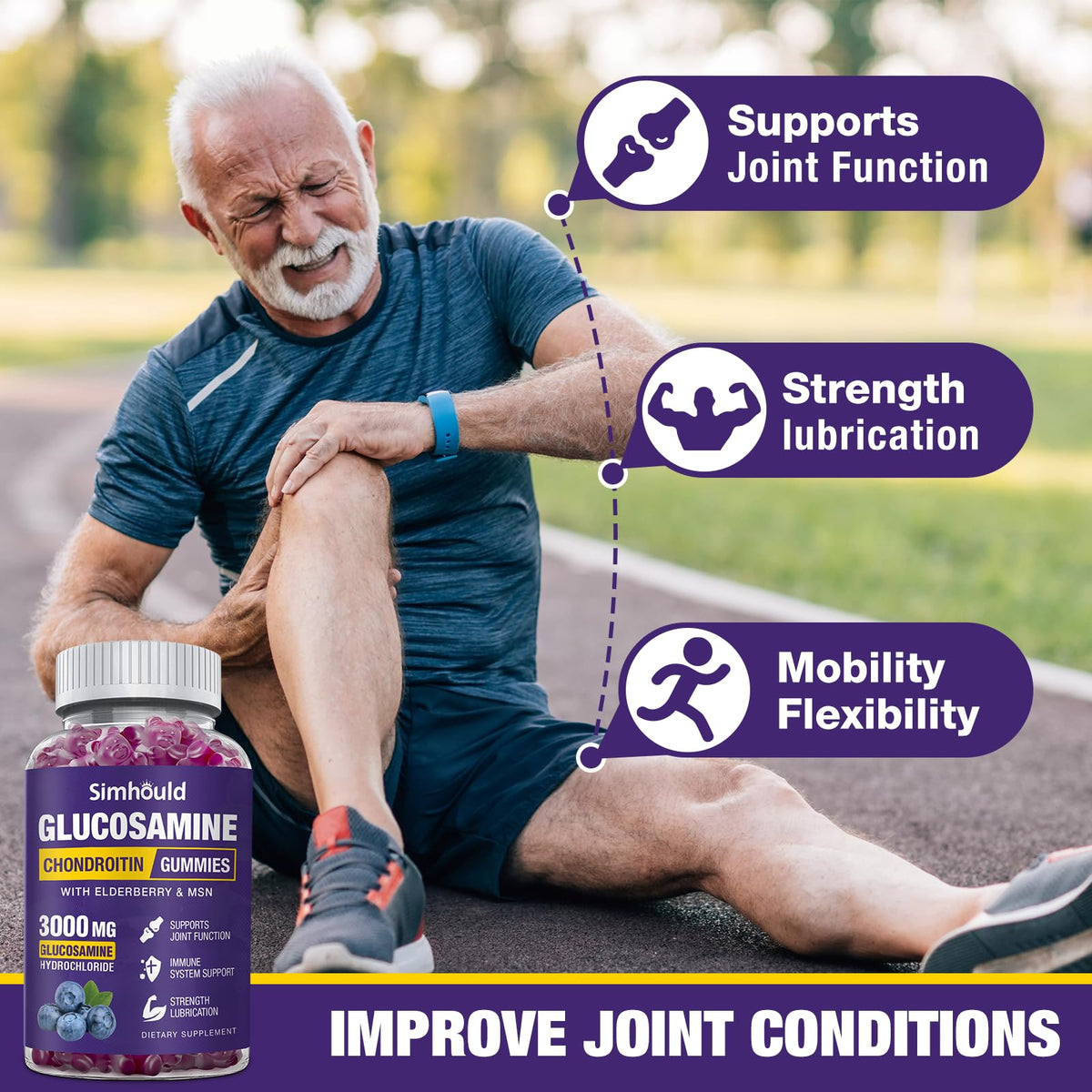 Simhould 2 Packs Glucosamine Chondroitin Gummies - 3000MG Extra Strength Joint Support Supplement with MSM & Elderberry, Flexibility, Antioxidant Immune Support - FENGGESTORE20