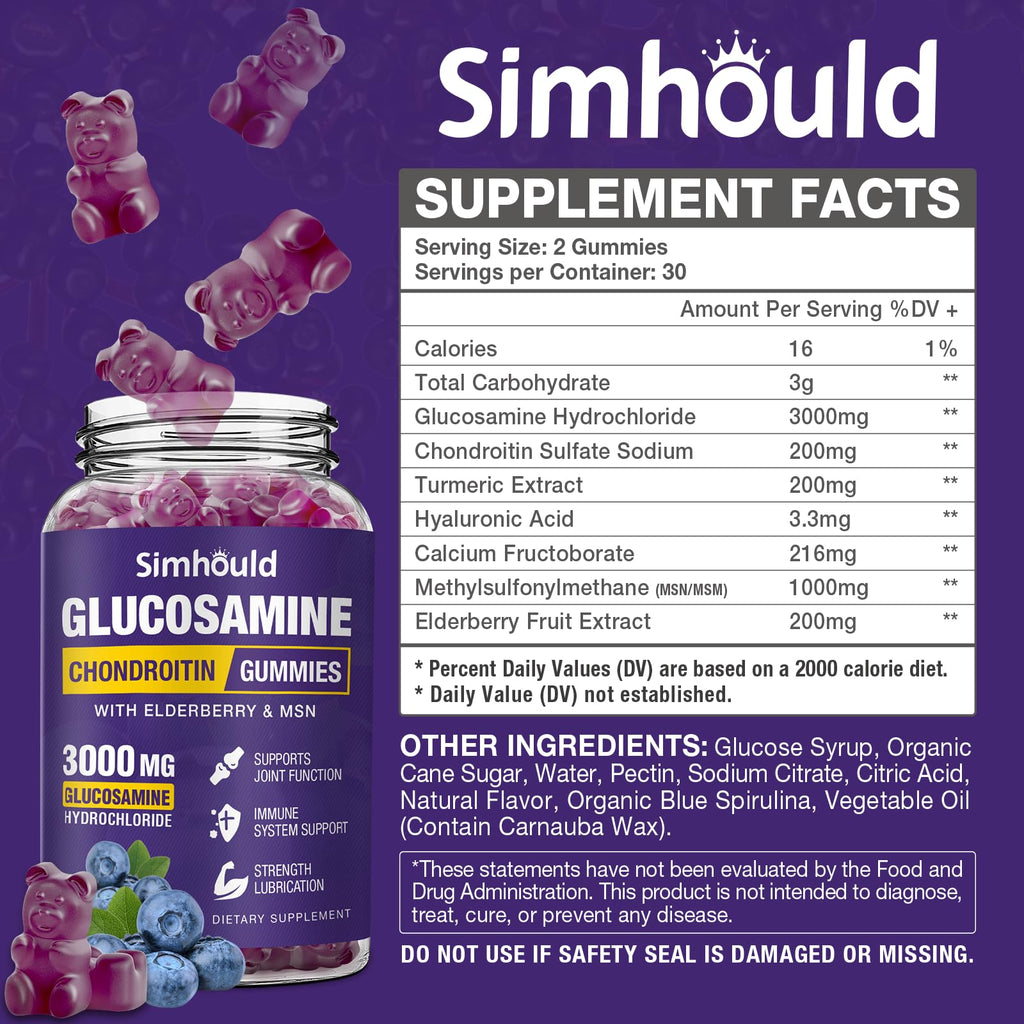 Simhould 2 Packs Glucosamine Chondroitin Gummies - 3000MG Extra Strength Joint Support Supplement with MSM & Elderberry, Flexibility, Antioxidant Immune Support - FENGGESTORE20