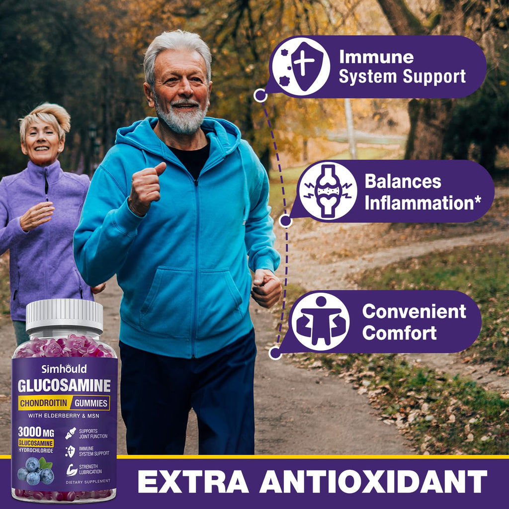 Simhould 2 Packs Glucosamine Chondroitin Gummies - 3000MG Extra Strength Joint Support Supplement with MSM & Elderberry, Flexibility, Antioxidant Immune Support - FENGGESTORE20