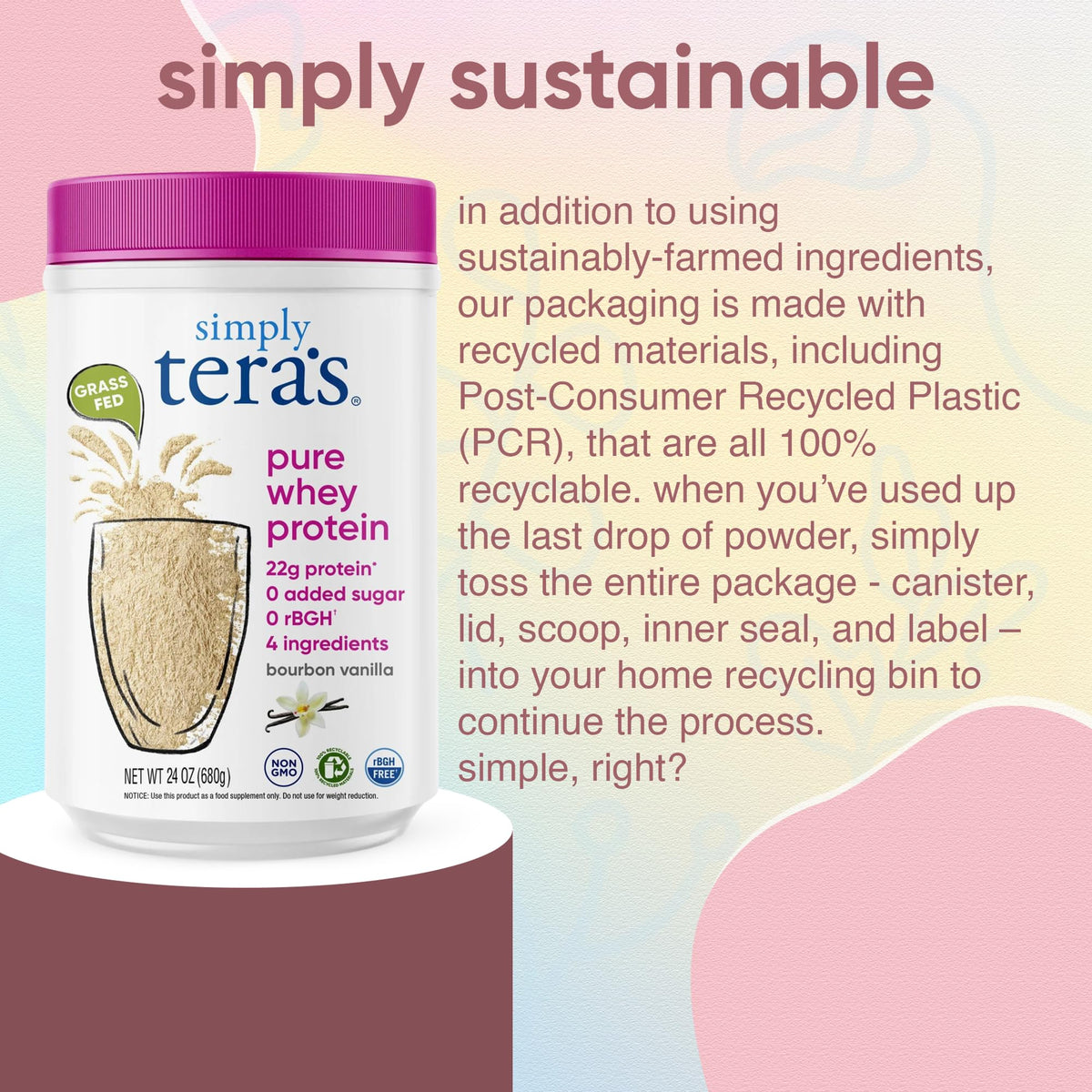 simply tera's Pure Whey Protein Powder - Grass Fed Vanilla Whey Protein Powder, Clean, Made Without Artificial Sweeteners, Non-GMO, Kosher, rBGH-Free, Soy-Free - 24 Oz - FENGGESTORE20
