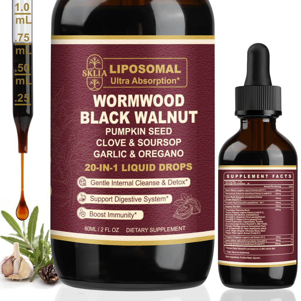 SKLIA 20-in-1 Liposomal Wormwood Black Walnut Cleanse for Humans Drops Liquid – Rapid Gut Cleanse & Digestive Support with Clove, Berberine, Garlic, Soursop - FENGGESTORE20
