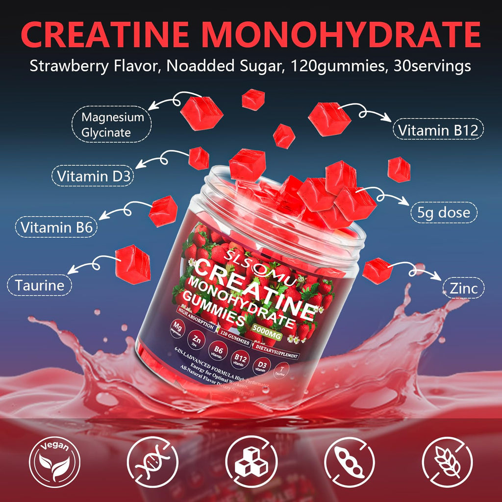 Slsomu Creatine Gummies for Women, 5000mg Pre-Workout Muscle Strength & Energy Support, 0 Sugar Creatine Gummy with L-Taurine, Zinc - FENGGESTORE20