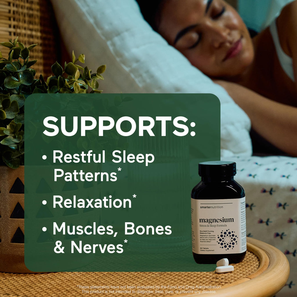 Smarter Nutrition Magnesium Complex - Chelated Magnesium Glycinate with Citrate, Malate and L-Theanine for Sleep, Muscle Relaxation and Stress Support - Non-GMO - 60 Tablets[30DaySupply] - FENGGESTORE20