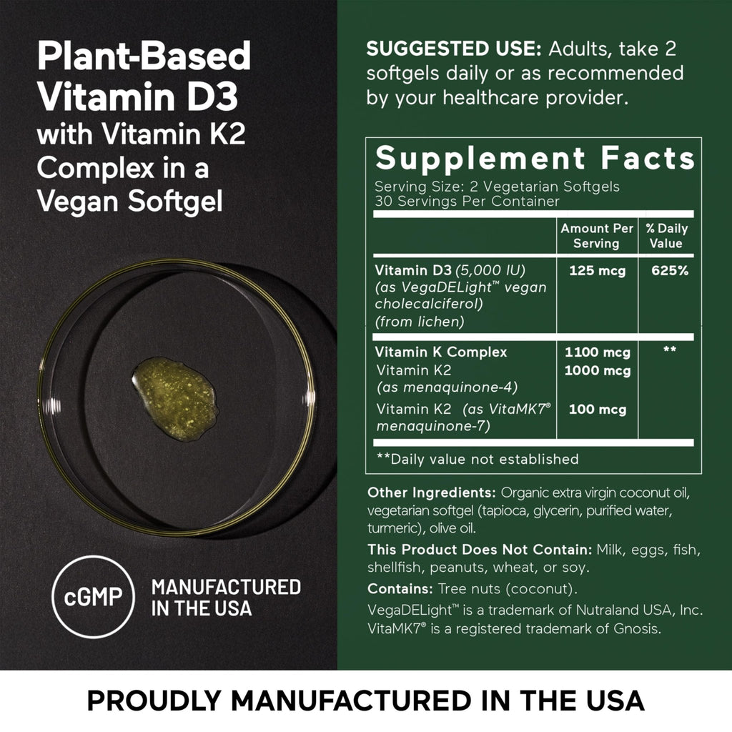 SMARTERNUTRITION Vegan Vitamin D3 5000 IU + Natural Vitamin K2 1100 mcg in Organic Coconut & Olive Oil - D3 K2 Supplement for Immune & Bone Support - 60 Softgels[30 Day Supply] - FENGGESTORE20