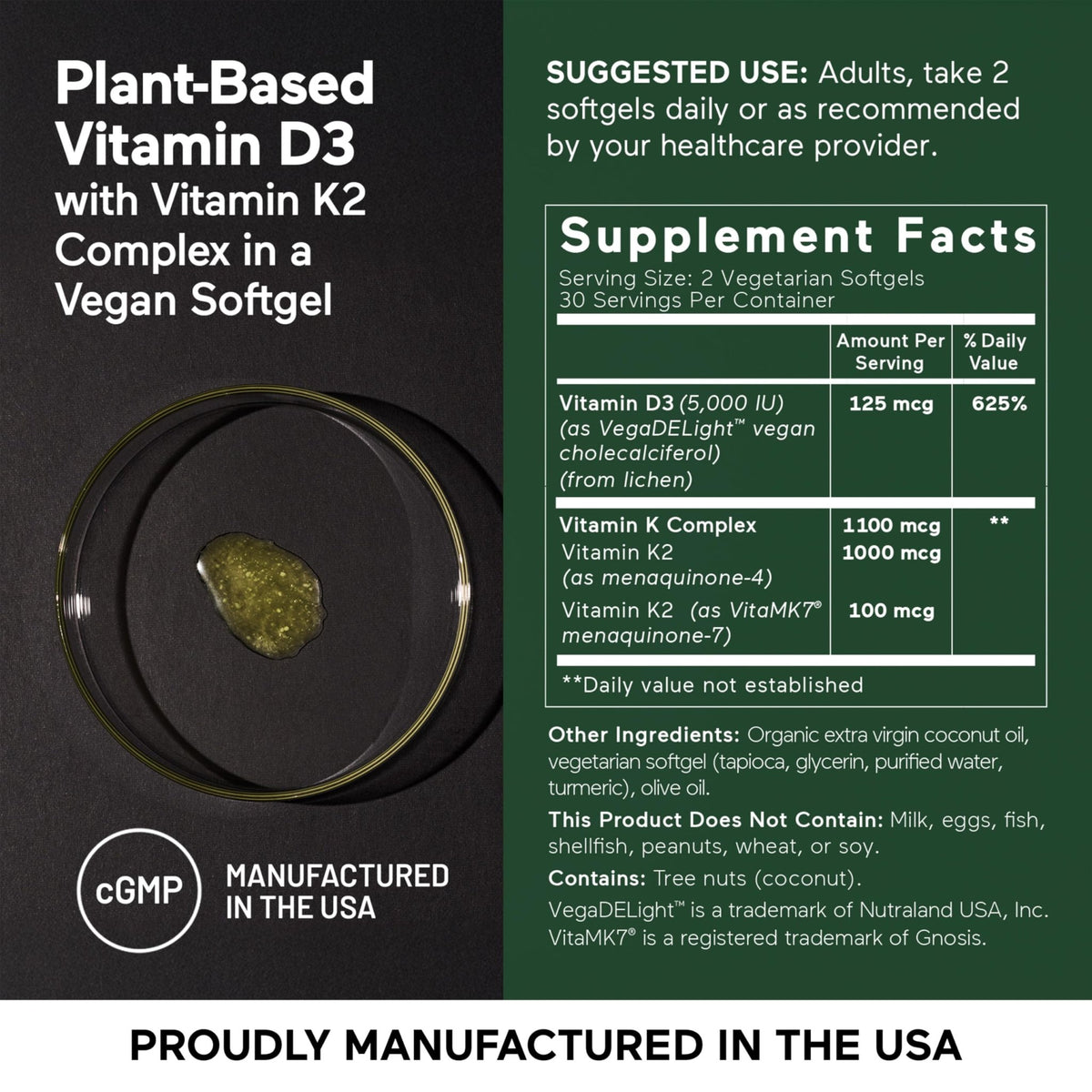 SMARTERNUTRITION Vegan Vitamin D3 5000 IU + Natural Vitamin K2 1100 mcg in Organic Coconut & Olive Oil - D3 K2 Supplement for Immune & Bone Support - 60 Softgels[30 Day Supply] - FENGGESTORE20