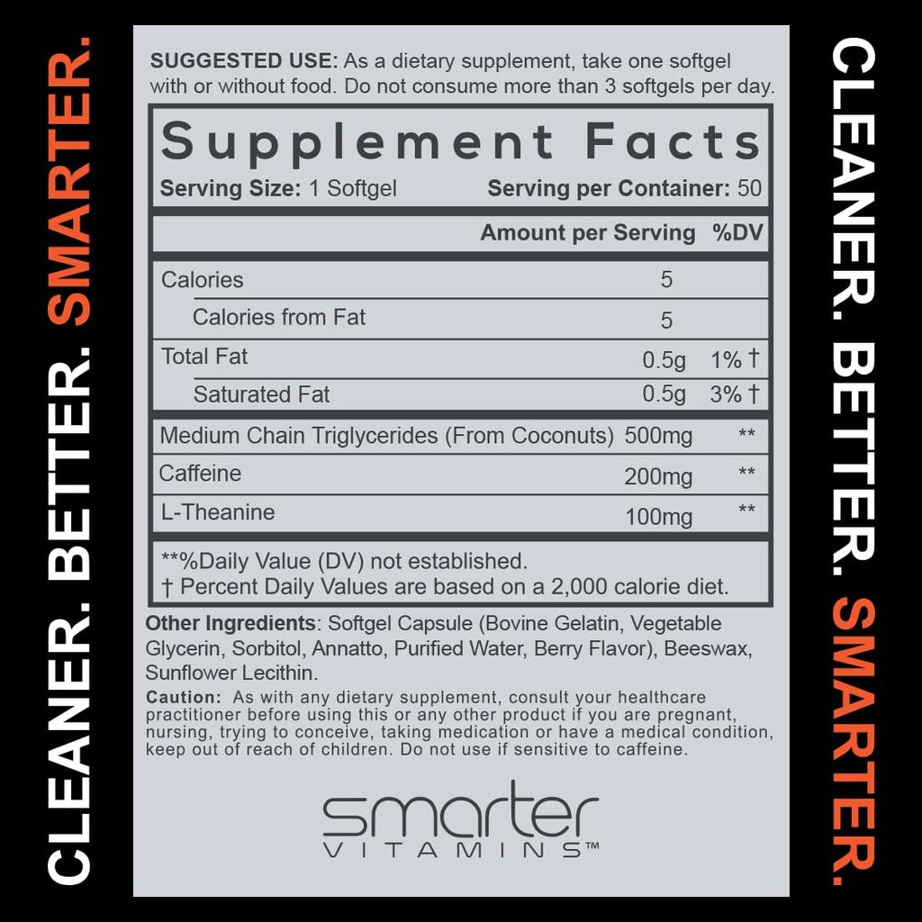 SmarterVitamins 200mg Caffeine Pills - MCT Oil from 100% Coconuts + 100mg L-Theanine, Energy and Focus - FENGGESTORE20